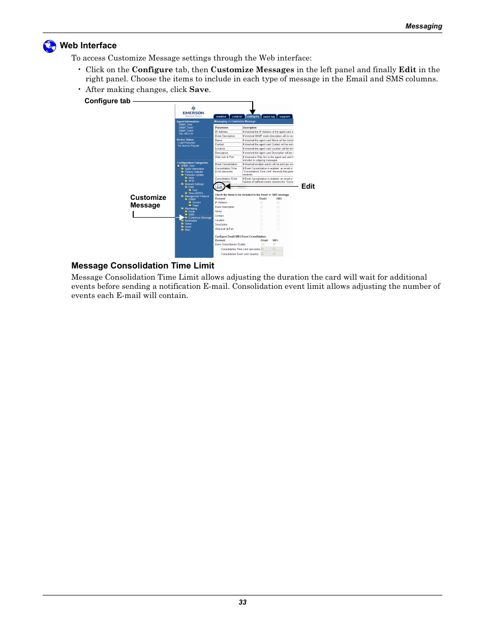 Web interface, Message consolidation time limit, Message consolidation | Emerson Liebert IntelliSlot IS-WEB485ADPT User Manual | Page 37 / 60