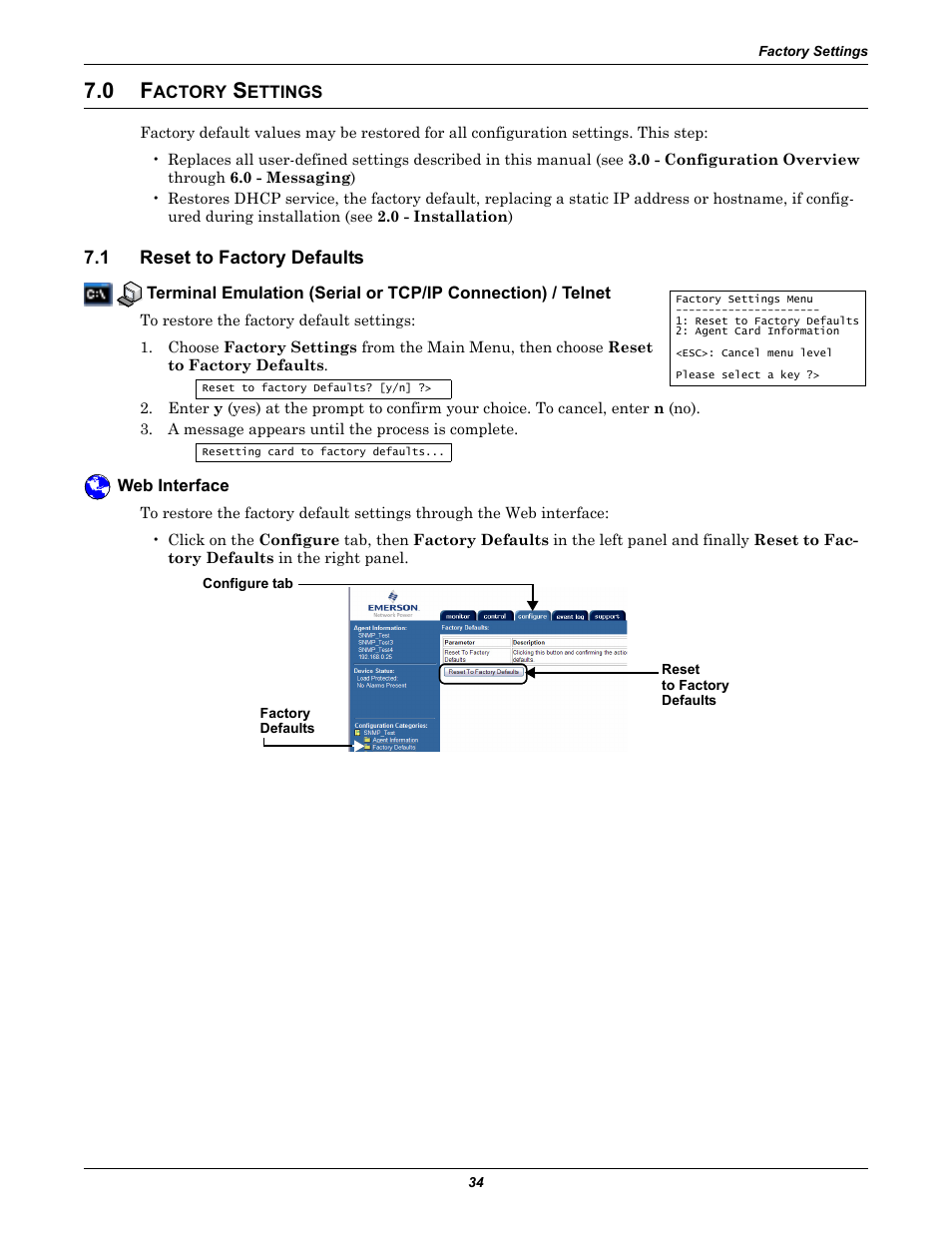 0 factory settings, 1 reset to factory defaults, Web interface | Actory, Ettings, Reset to factory defaults | Emerson Liebert IntelliSlot IS-WEB485ADPT User Manual | Page 38 / 60