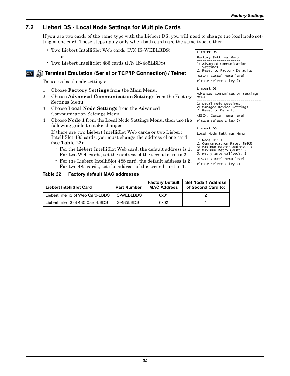 Table 22 factory default mac addresses, Table 22, Factory default mac addresses | Emerson Liebert IntelliSlot IS-WEB485ADPT User Manual | Page 39 / 60