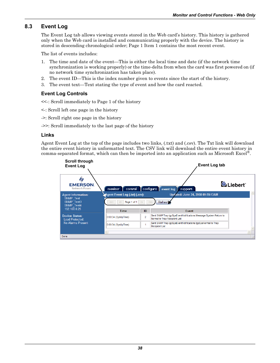 3 event log, Event log controls, Links | Event log | Emerson Liebert IntelliSlot IS-WEB485ADPT User Manual | Page 42 / 60