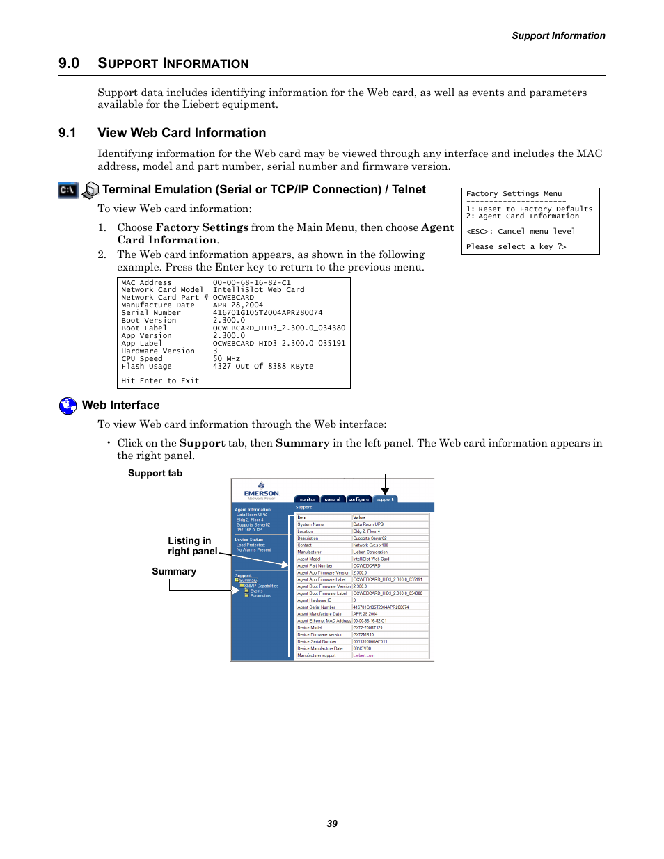 0 support information, 1 view web card information, Web interface | Upport, Nformation, View web card information, 0 - support information | Emerson Liebert IntelliSlot IS-WEB485ADPT User Manual | Page 43 / 60