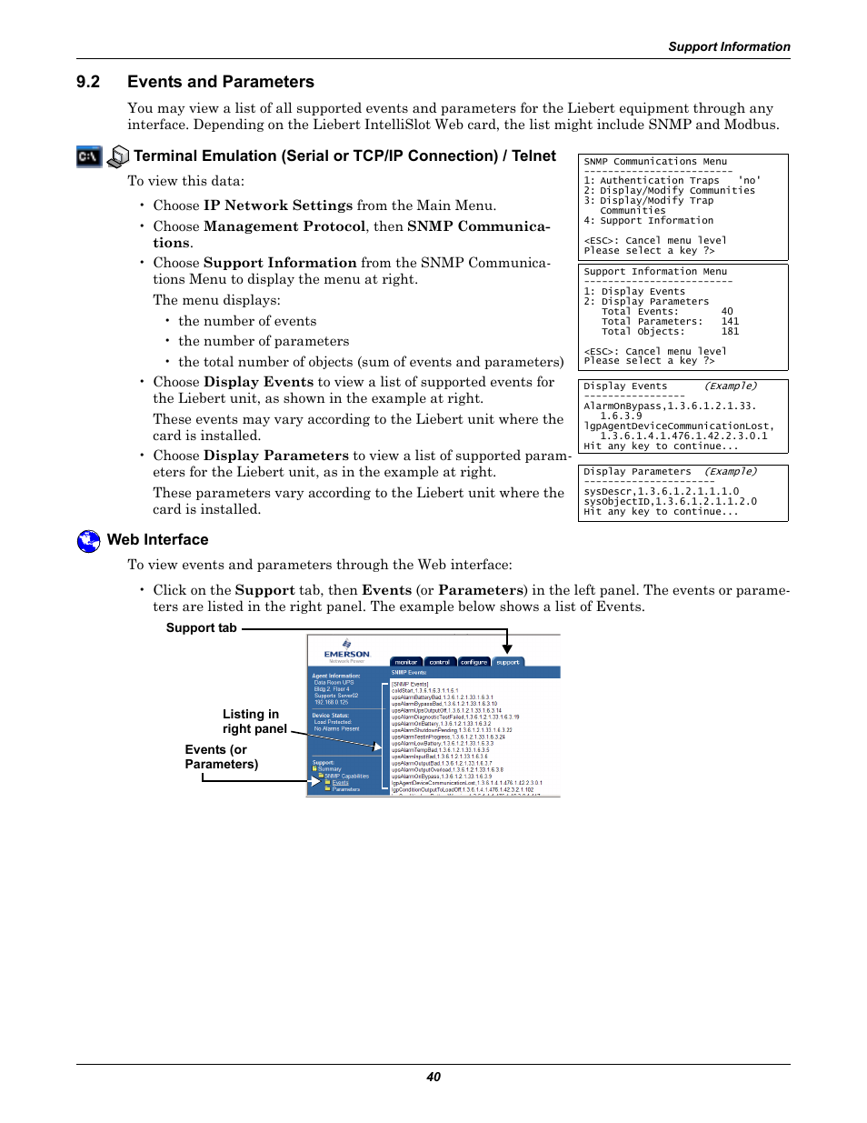 2 events and parameters, Web interface, Events and parameters | Emerson Liebert IntelliSlot IS-WEB485ADPT User Manual | Page 44 / 60