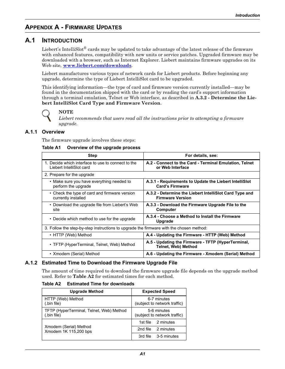 Appendix a - firmware updates, A.1 introduction, A.1.1 overview | Table a1 overview of the upgrade process, Table a2 estimated time for downloads, Ppendix, A - f, Irmware, Pdates, Table a1 | Emerson Liebert IntelliSlot IS-WEB485ADPT User Manual | Page 45 / 60