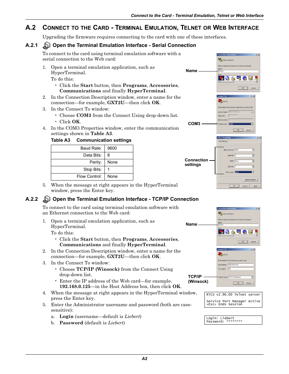 Table a3 communication settings, Table a3, A.2 c | Emerson Liebert IntelliSlot IS-WEB485ADPT User Manual | Page 46 / 60