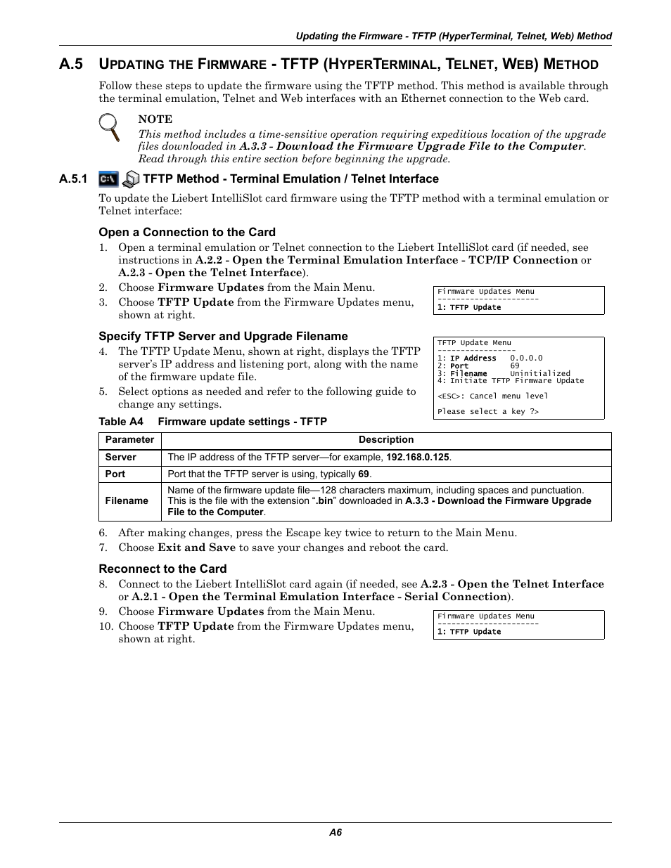 Open a connection to the card, Specify tftp server and upgrade filename, Table a4 firmware update settings - tftp | Reconnect to the card, Table a4, A.5 u, Tftp (h | Emerson Liebert IntelliSlot IS-WEB485ADPT User Manual | Page 50 / 60