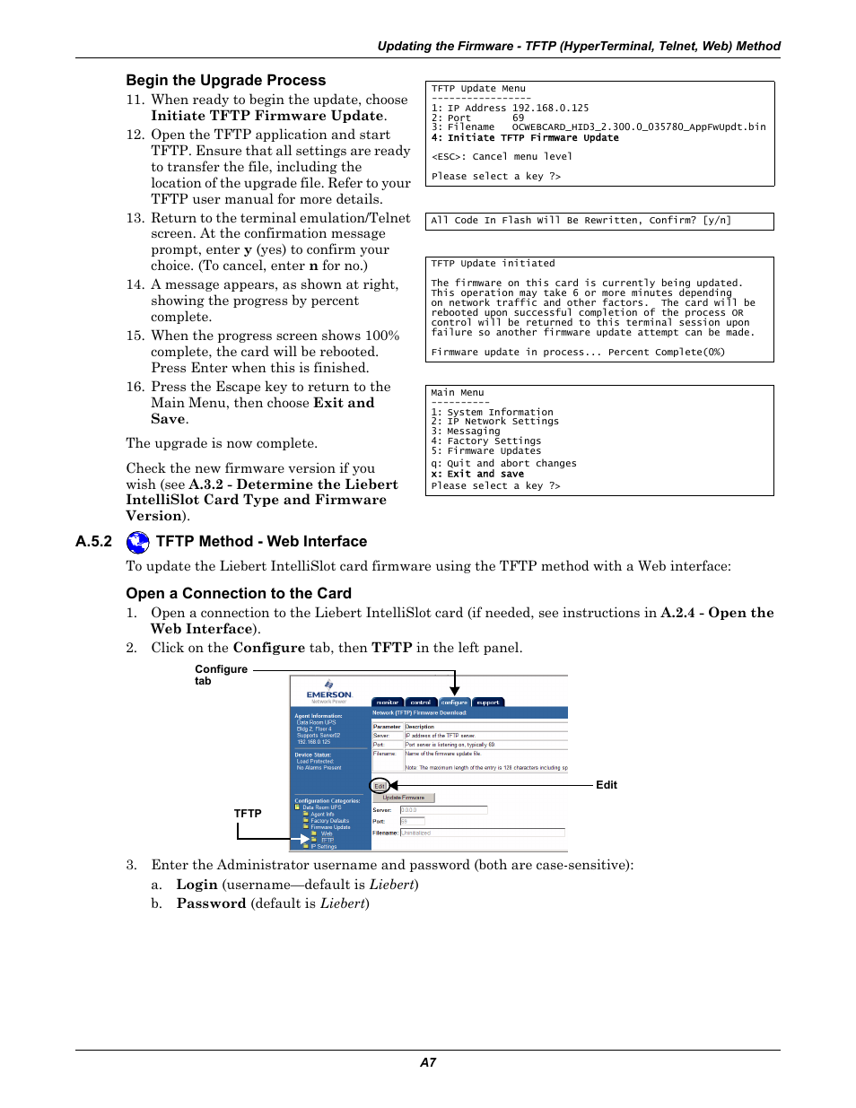 Begin the upgrade process, A.5.2 tftp method - web interface, Open a connection to the card | Emerson Liebert IntelliSlot IS-WEB485ADPT User Manual | Page 51 / 60