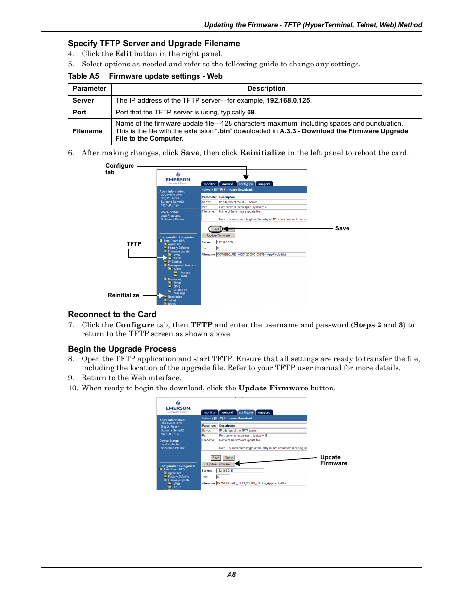 Specify tftp server and upgrade filename, Table a5 firmware update settings - web, Reconnect to the card | Begin the upgrade process, Table a5 | Emerson Liebert IntelliSlot IS-WEB485ADPT User Manual | Page 52 / 60