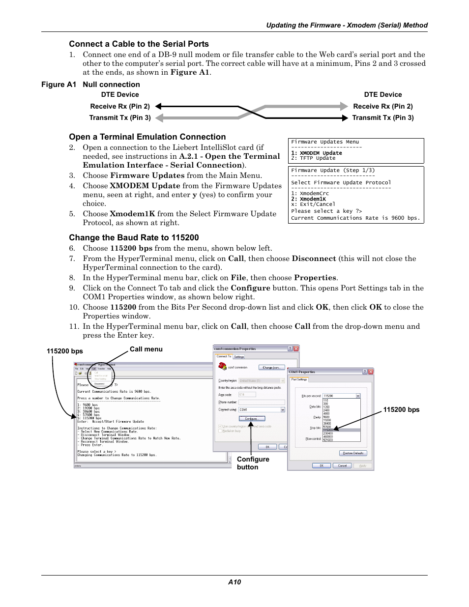 Connect a cable to the serial ports, Figure a1 null connection, Open a terminal emulation connection | Change the baud rate to 115200 | Emerson Liebert IntelliSlot IS-WEB485ADPT User Manual | Page 54 / 60