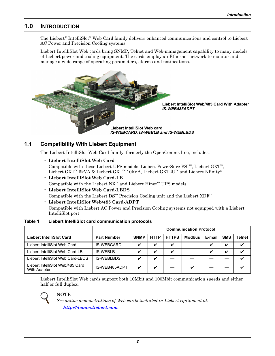 0 introduction, 1 compatibility with liebert equipment, Ntroduction | Compatibility with liebert equipment, Liebert intellislot card communication protocols | Emerson Liebert IntelliSlot IS-WEB485ADPT User Manual | Page 6 / 60