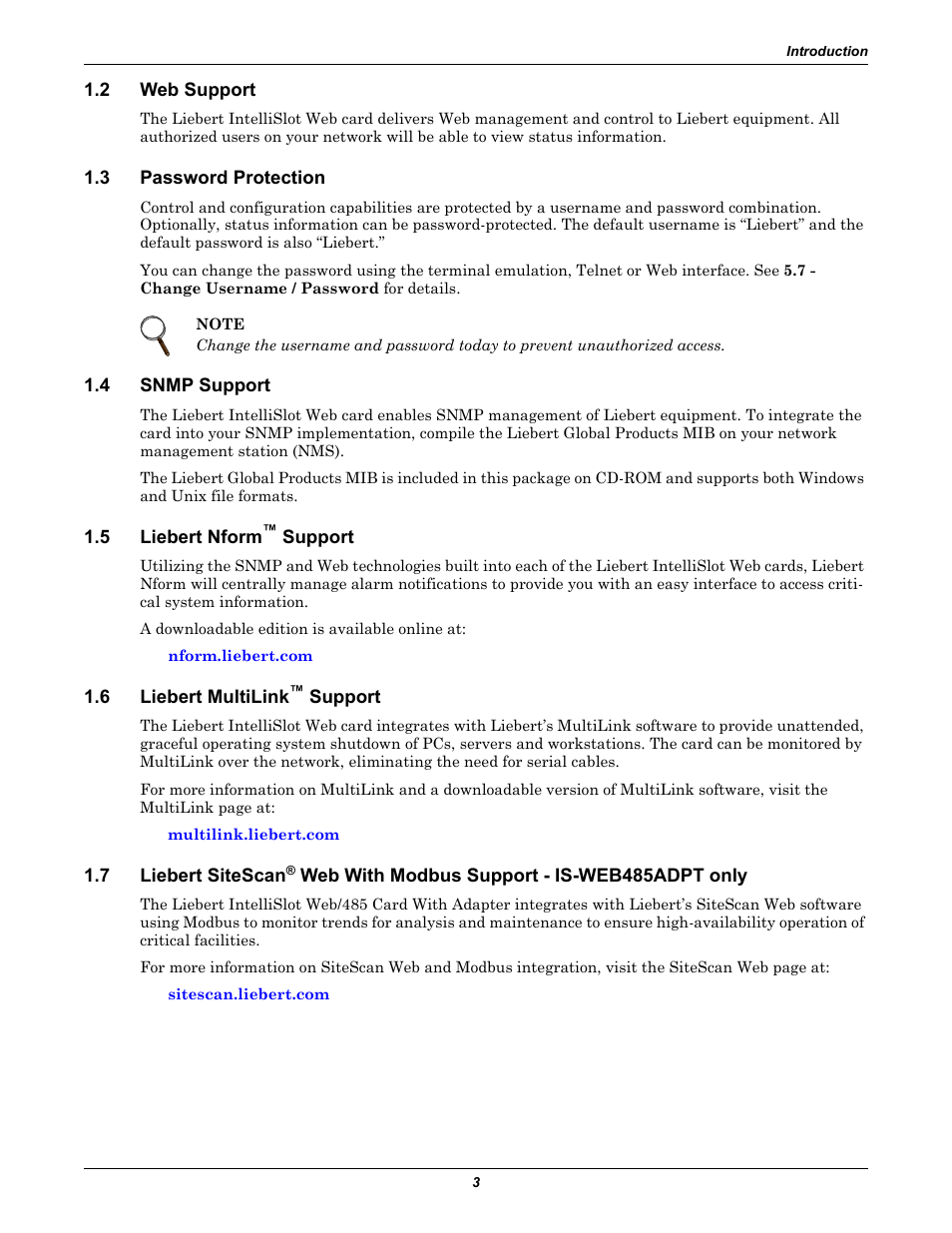 2 web support, 3 password protection, 4 snmp support | 5 liebert nform™ support, 6 liebert multilink™ support, Web support, Password protection, Snmp support, Liebert nform, Liebert multilink | Emerson Liebert IntelliSlot IS-WEB485ADPT User Manual | Page 7 / 60