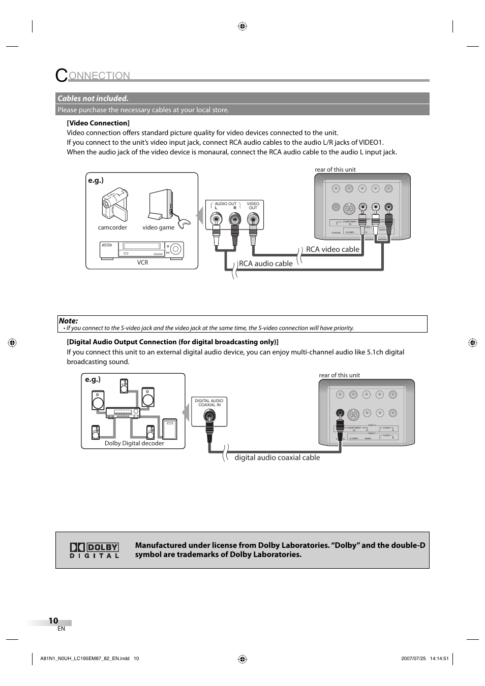 Onnection, E.g.), Rca audio cable rca video cable | Digital audio coaxial cable | Emerson LC195EM87 User Manual | Page 10 / 56