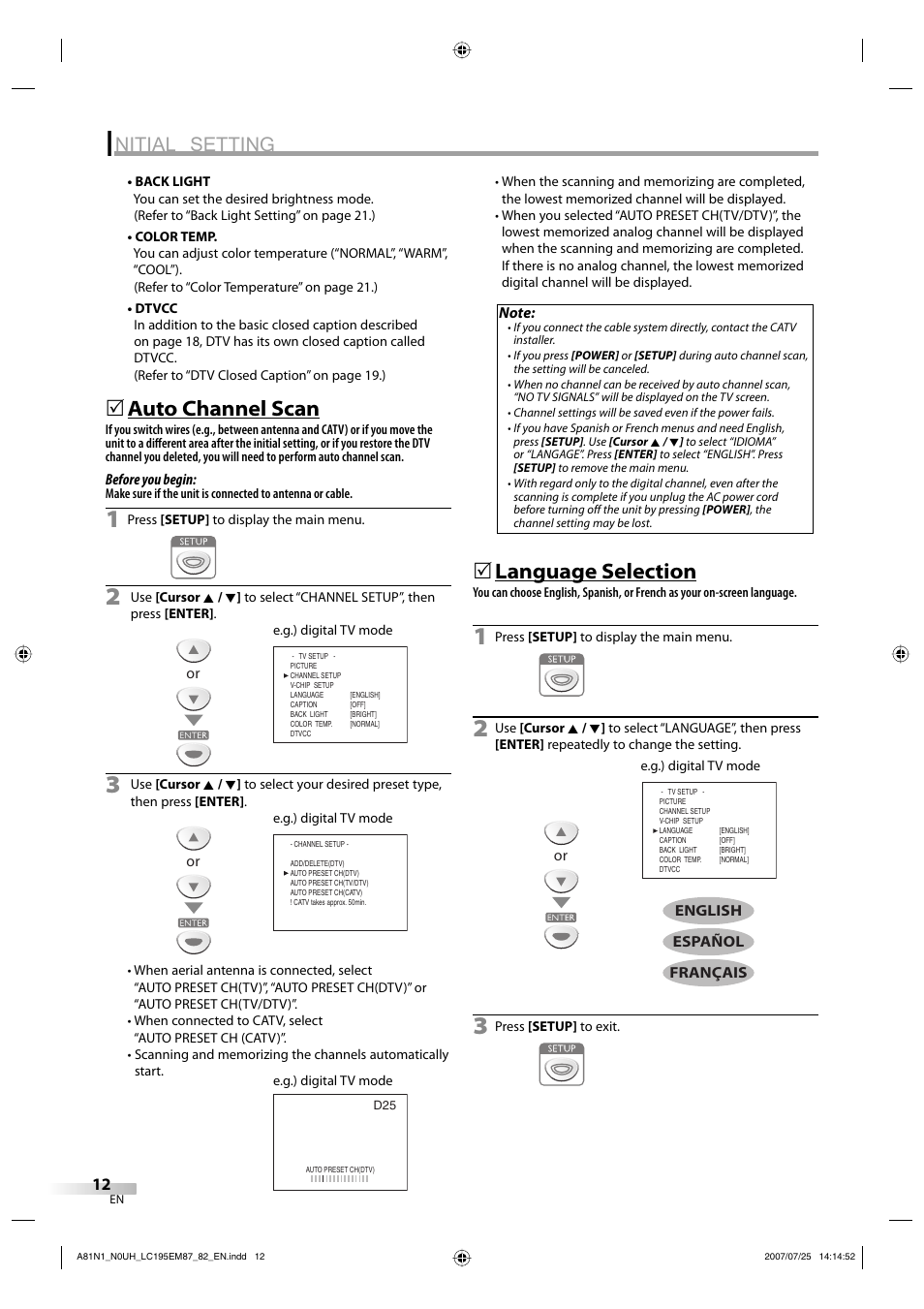 Nitial setting, Auto channel scan, Language selection | Emerson LC195EM87 User Manual | Page 12 / 56