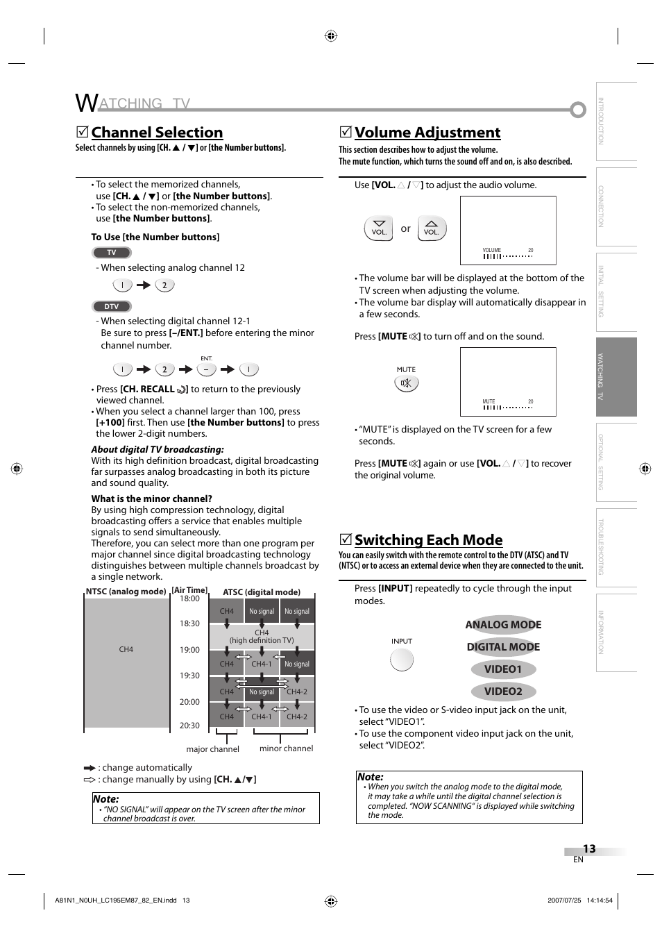 Atching tv, Channel selection, 5volume adjustment | Switching each mode | Emerson LC195EM87 User Manual | Page 13 / 56