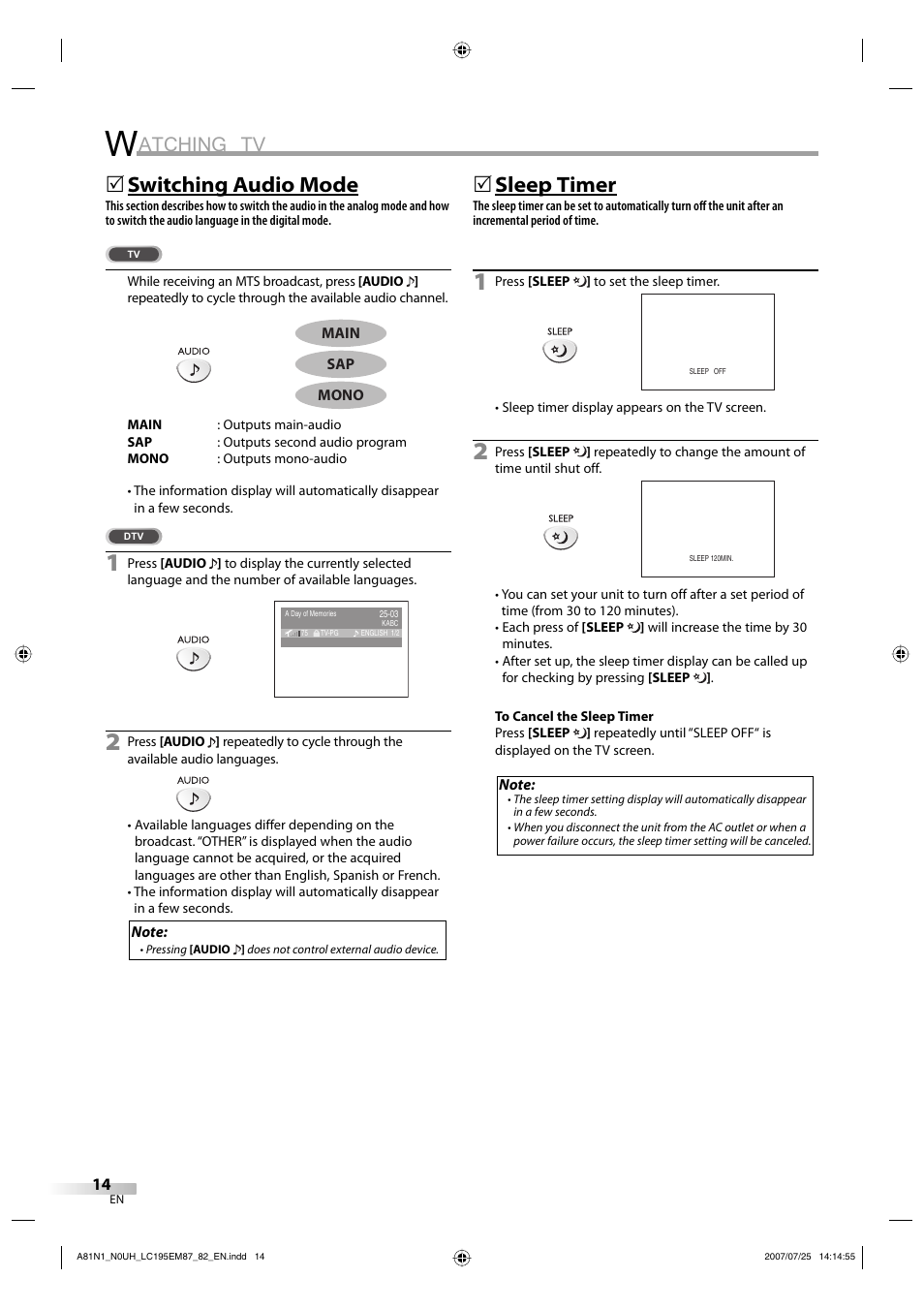 Atching tv, Switching audio mode, 5sleep timer | Emerson LC195EM87 User Manual | Page 14 / 56