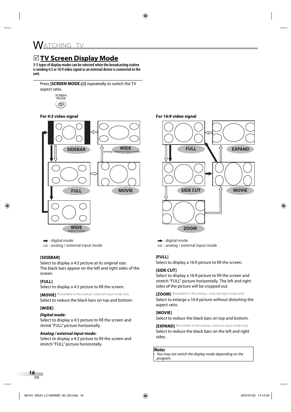 Atching tv, Tv screen display mode | Emerson LC195EM87 User Manual | Page 16 / 56