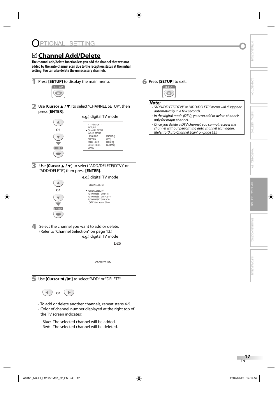 Ptional setting, Channel add/delete | Emerson LC195EM87 User Manual | Page 17 / 56