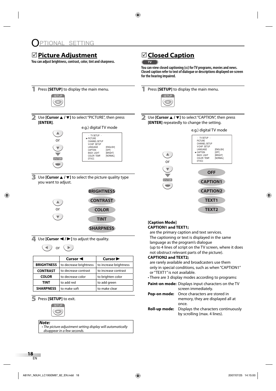 Ptional setting, Picture adjustment, 5closed caption | Emerson LC195EM87 User Manual | Page 18 / 56
