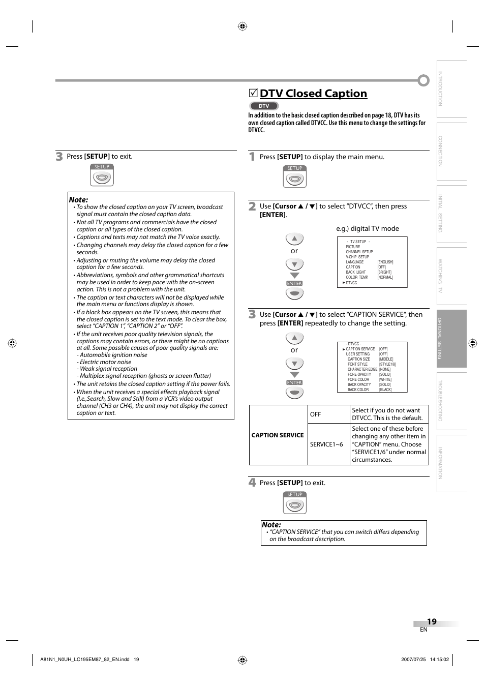 Dtv closed caption | Emerson LC195EM87 User Manual | Page 19 / 56