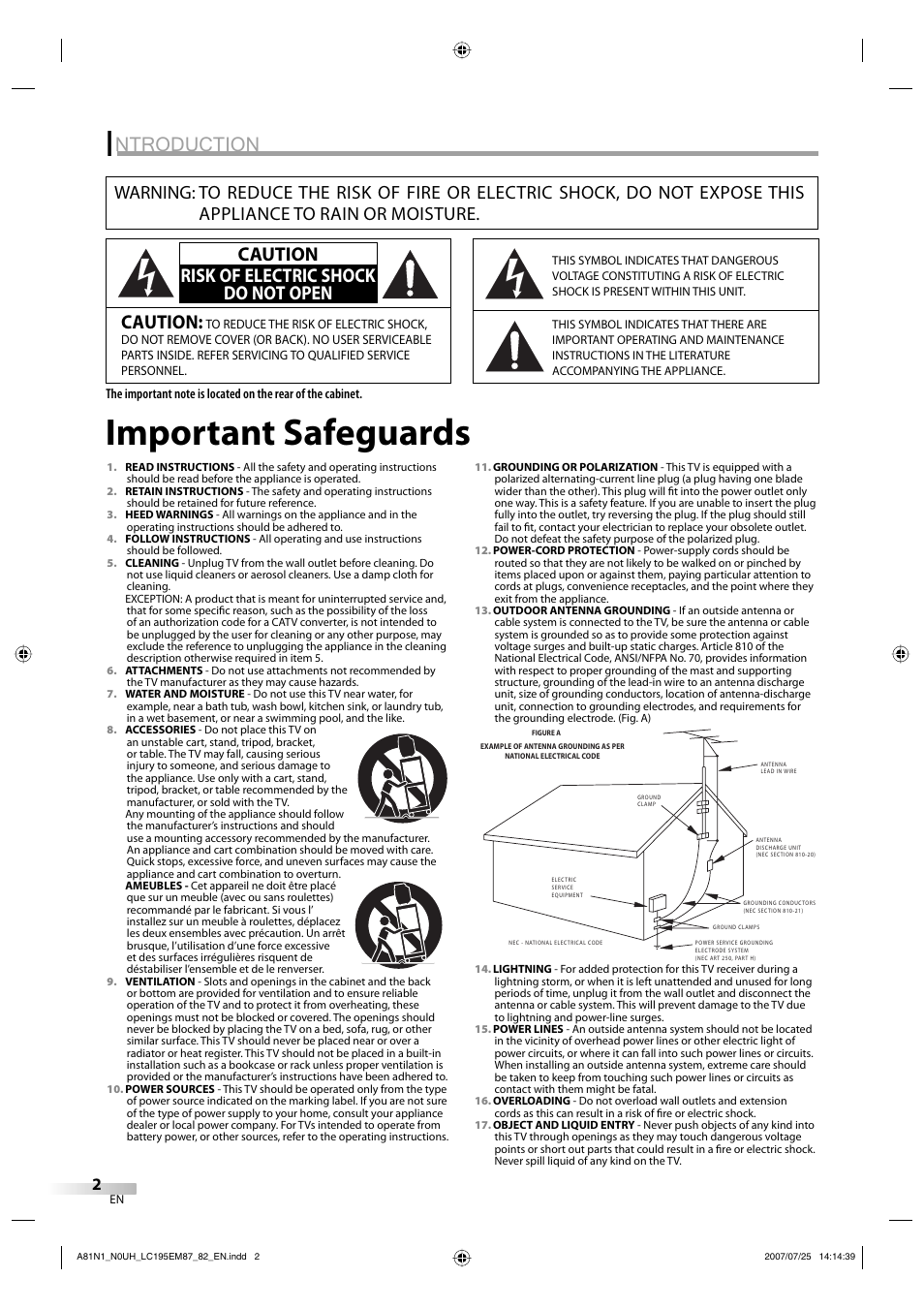 Important safeguards, Ntroduction, Caution | Caution risk of electric shock do not open | Emerson LC195EM87 User Manual | Page 2 / 56