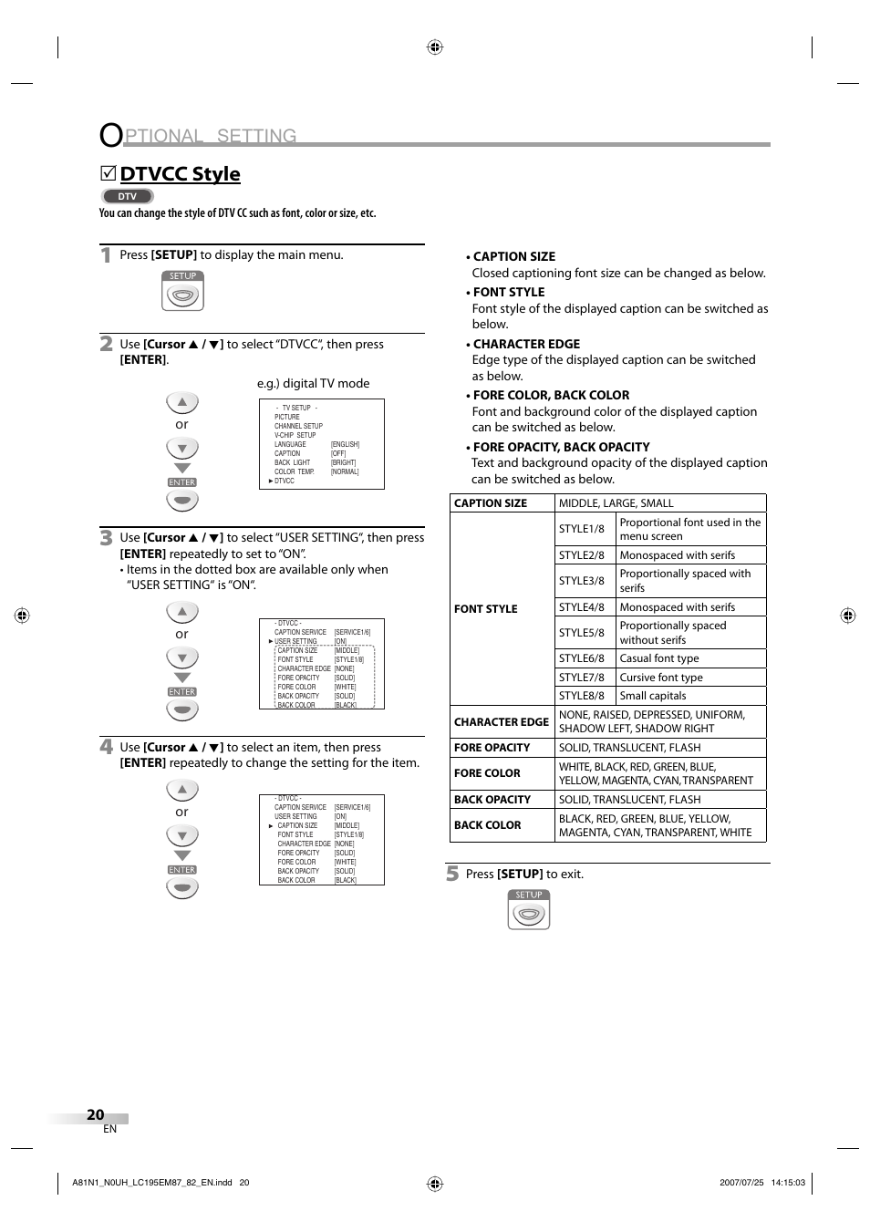 Ptional setting, Dtvcc style | Emerson LC195EM87 User Manual | Page 20 / 56