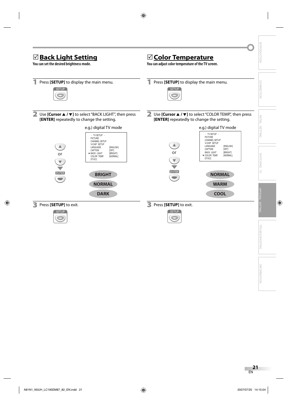 Back light setting, 5color temperature | Emerson LC195EM87 User Manual | Page 21 / 56