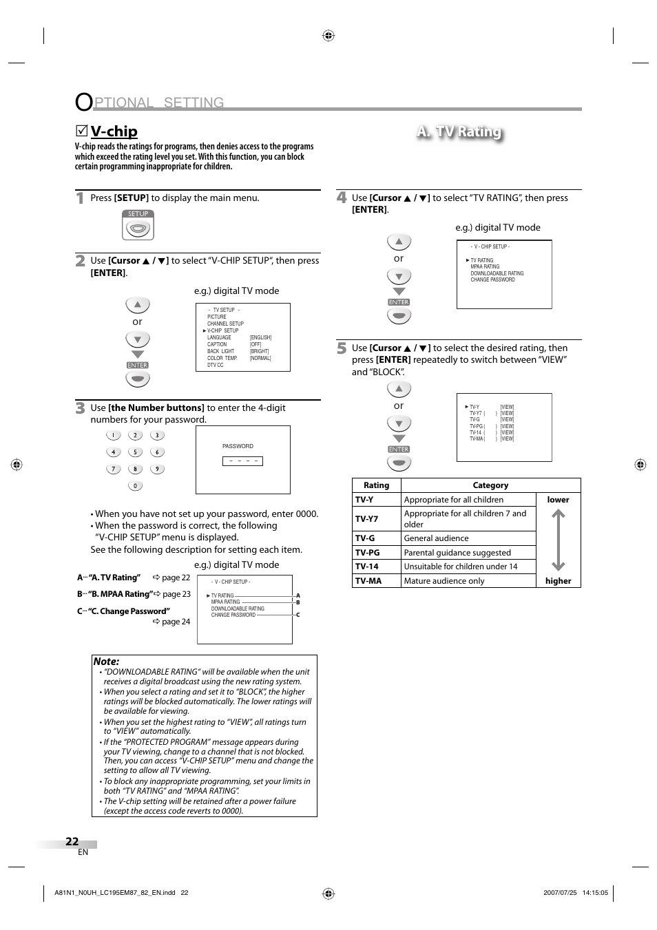 Ptional setting, V-chip, 5a. tv rating a. tv rating | Emerson LC195EM87 User Manual | Page 22 / 56