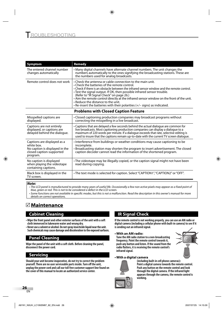 Roubleshooting, Maintenance 5, Cabinet cleaning | Panel cleaning, Servicing, Ir signal check | Emerson LC195EM87 User Manual | Page 26 / 56