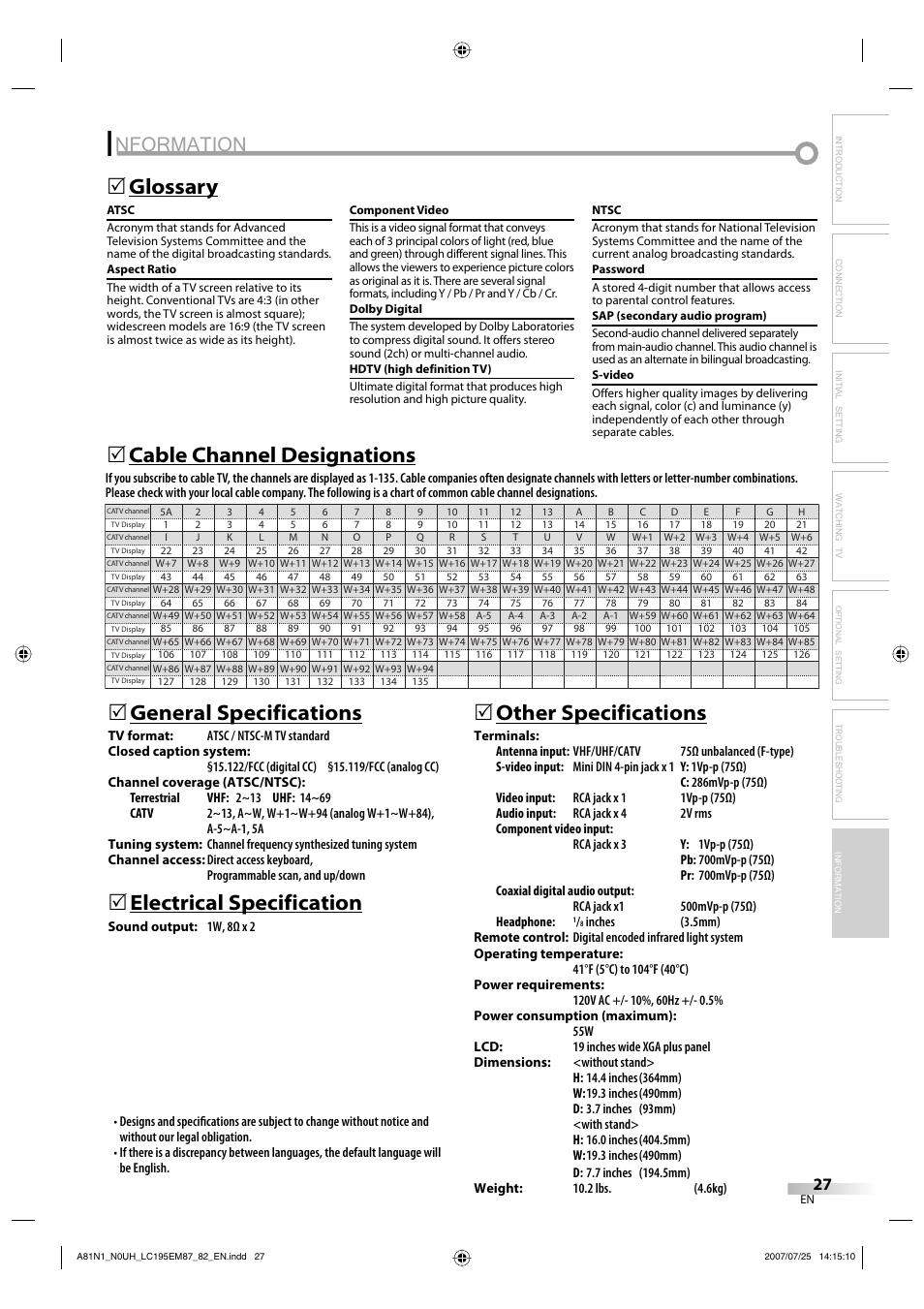 Nformation, Glossary 5, Electrical specification | 5other specifications | Emerson LC195EM87 User Manual | Page 27 / 56