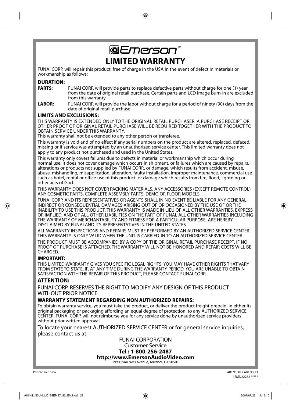 Limited warranty | Emerson LC195EM87 User Manual | Page 28 / 56