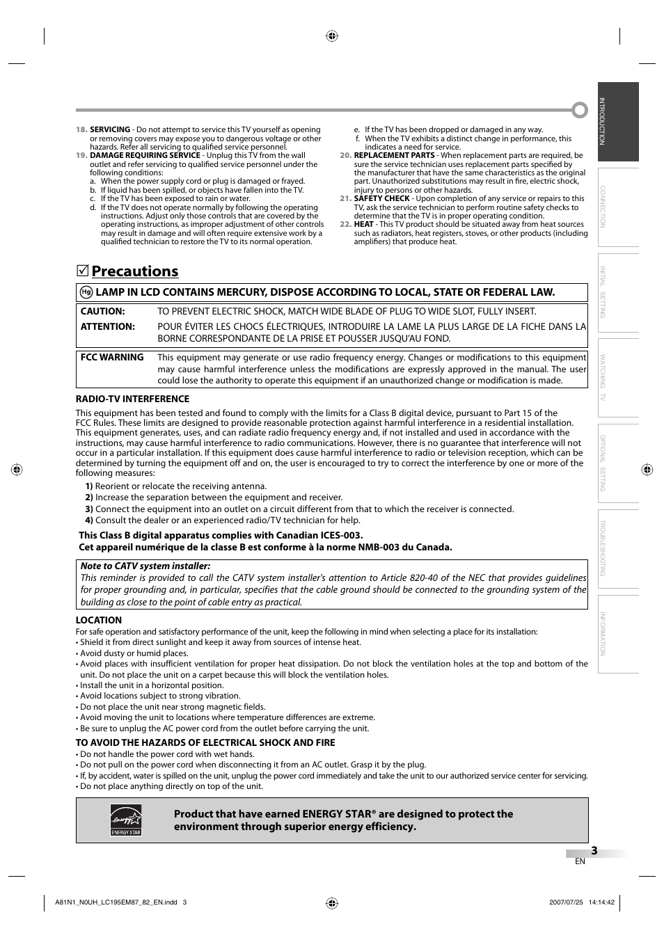 Precautions | Emerson LC195EM87 User Manual | Page 3 / 56