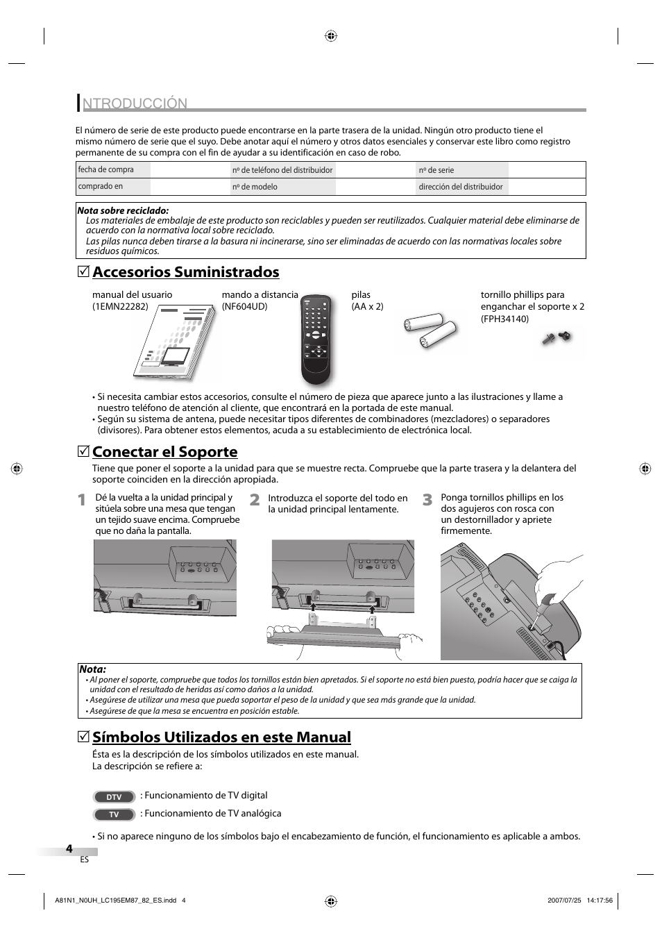 Ntroducción, Accesorios suministrados 5, Símbolos utilizados en este manual | Conectar el soporte | Emerson LC195EM87 User Manual | Page 32 / 56
