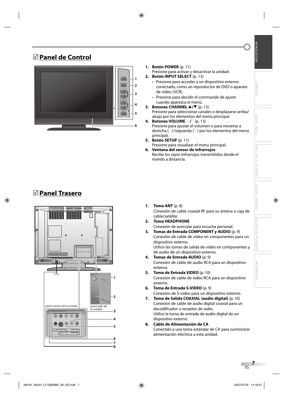 Función de mando a distancia 5, Panel de control 5 panel trasero 5 | Emerson LC195EM87 User Manual | Page 35 / 56