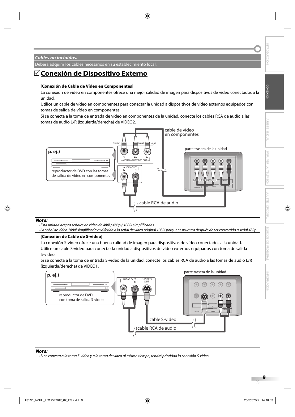 Conexión de dispositivo externo, Nota, P. ej.) | Cables no incluidos, Cable de vídeo en componentes, Cable rca de audio p. ej.), Cable s-video cable rca de audio, Solución de problemas información, Parte trasera de la unidad, Reproductor de dvd con toma de salida s-video | Emerson LC195EM87 User Manual | Page 37 / 56