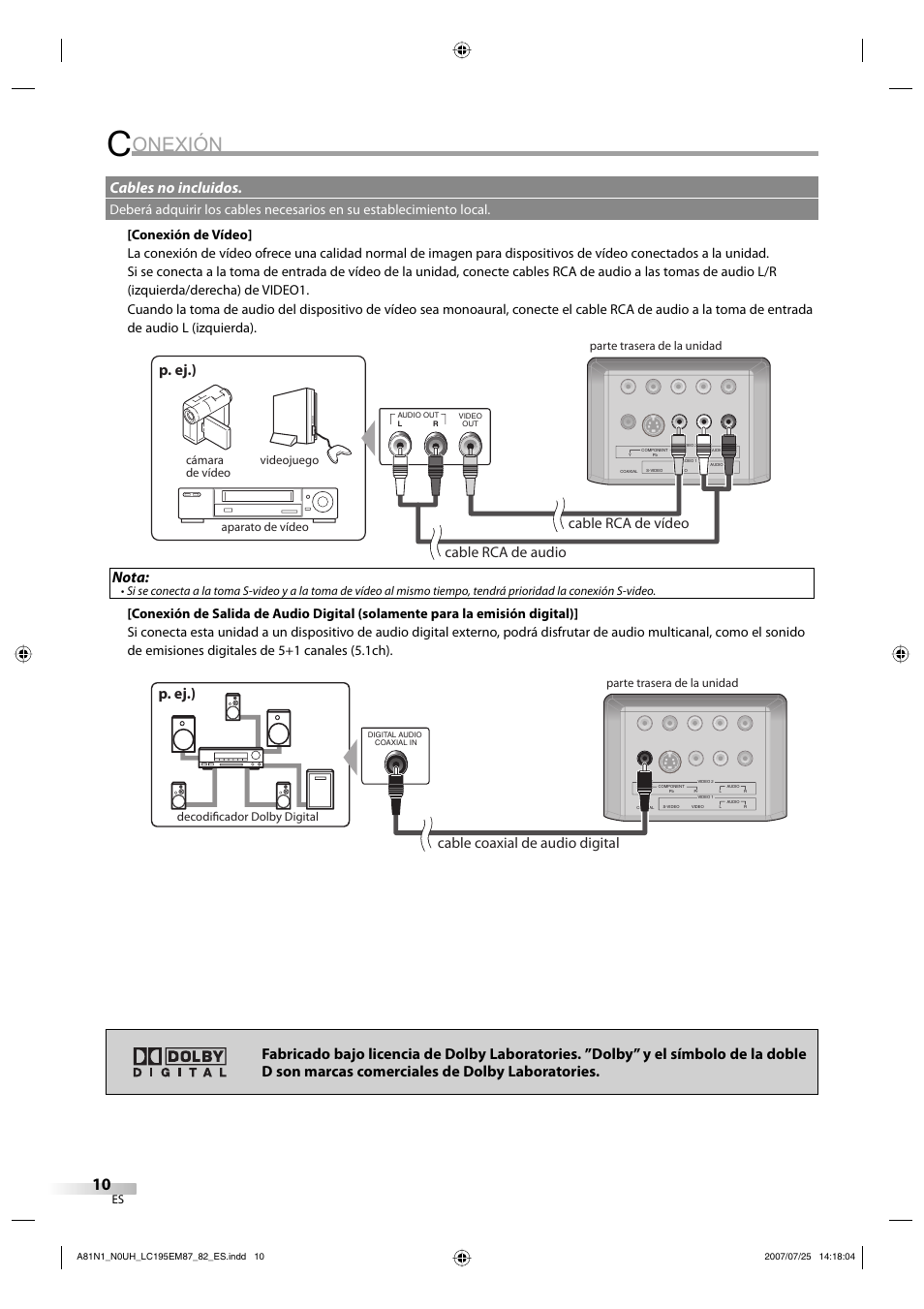 Onexión, P. ej.), Nota | Cables no incluidos, Cable rca de vídeo cable rca de audio, Cable coaxial de audio digital | Emerson LC195EM87 User Manual | Page 38 / 56