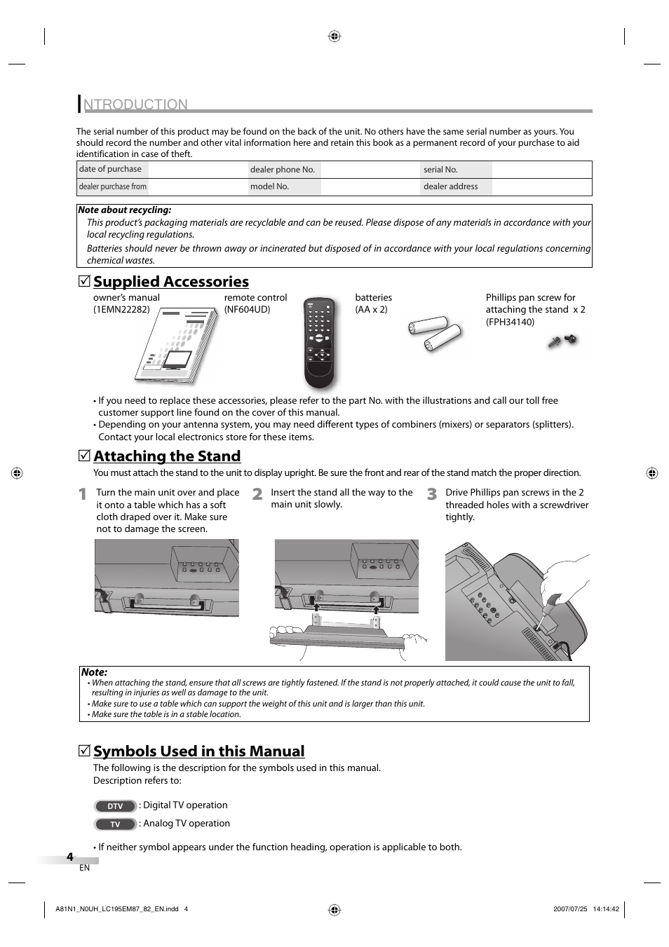 Ntroduction, Supplied accessories 5, Symbols used in this manual | Attaching the stand | Emerson LC195EM87 User Manual | Page 4 / 56