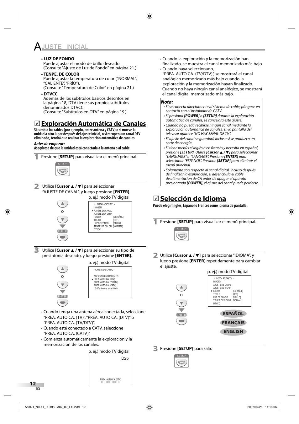 Juste inicial, Exploración automática de canales, Selección de idioma | Emerson LC195EM87 User Manual | Page 40 / 56