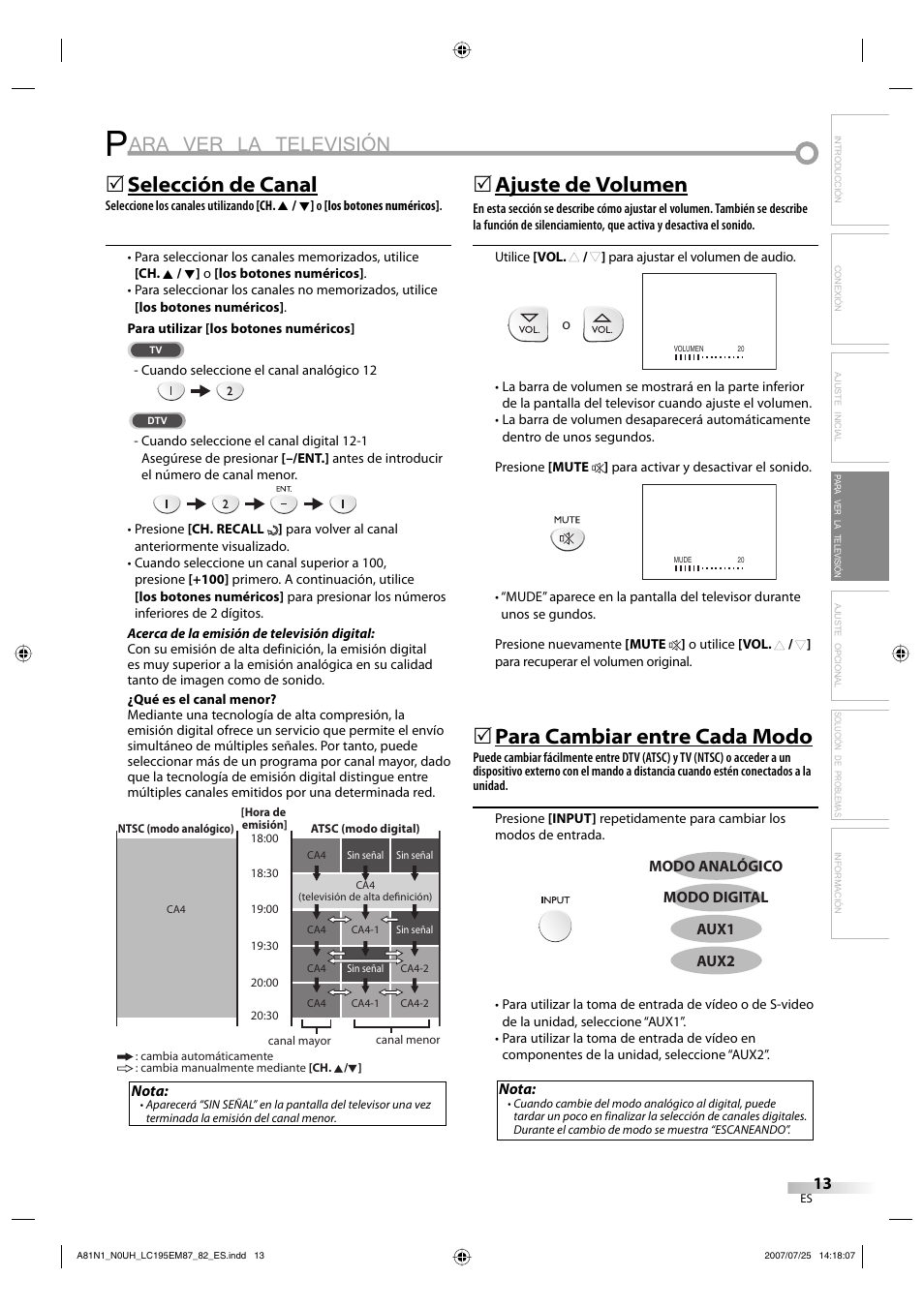 Ara ver la televisión, Selección de canal, 5ajuste de volumen | Para cambiar entre cada modo | Emerson LC195EM87 User Manual | Page 41 / 56