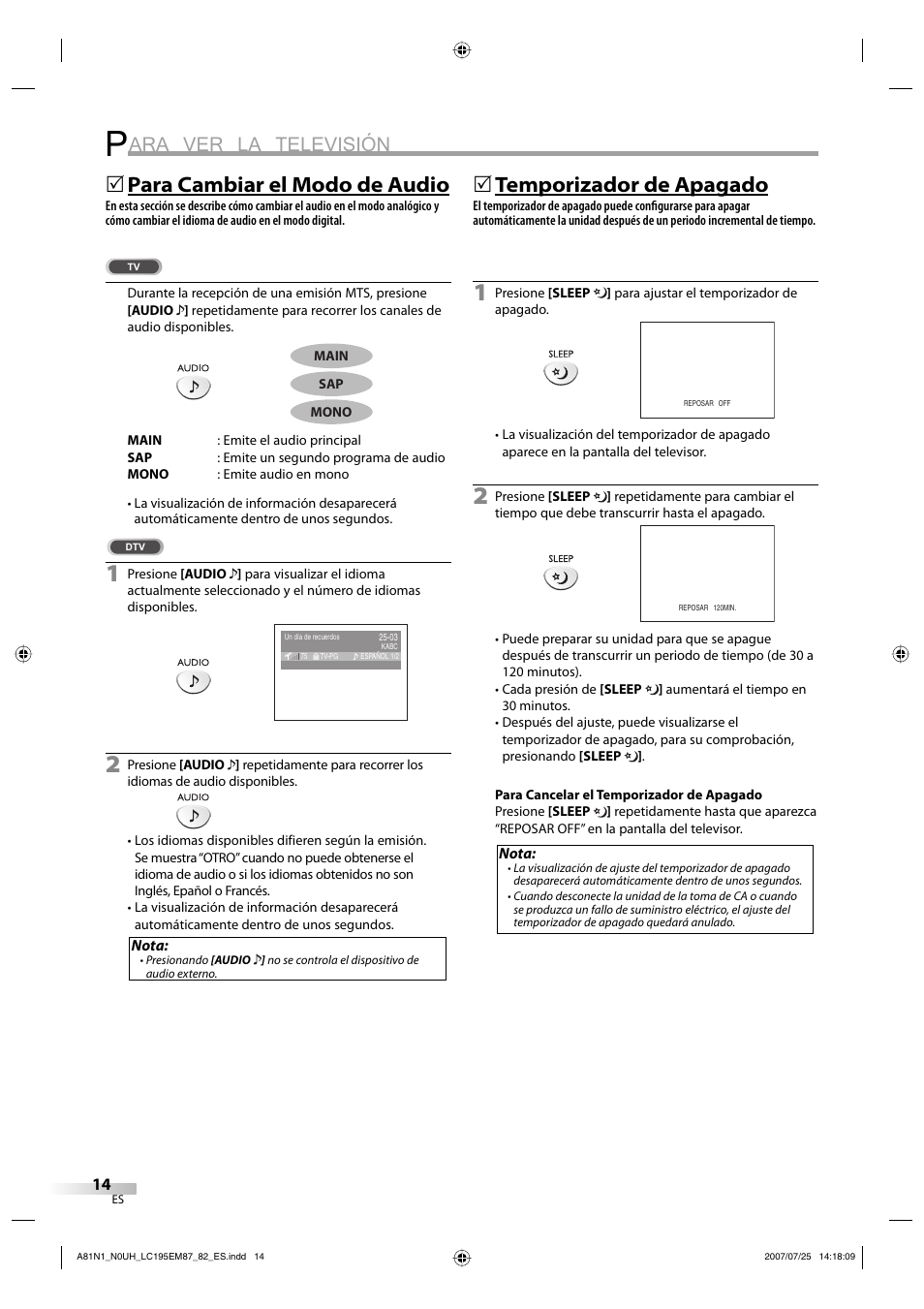 Ara ver la televisión, Para cambiar el modo de audio, 5temporizador de apagado | Emerson LC195EM87 User Manual | Page 42 / 56