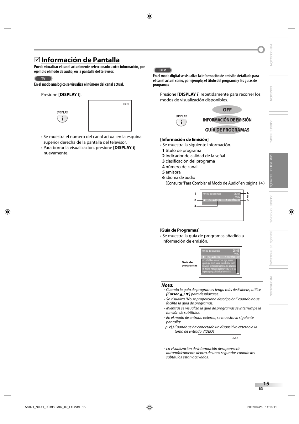 Información de pantalla, Off información de emisión guía de programas, Nota | Emerson LC195EM87 User Manual | Page 43 / 56