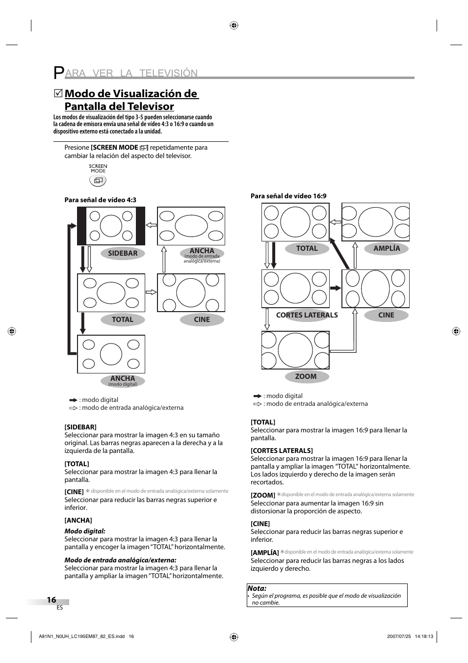 Ara ver la televisión, Modo de visualización de pantalla del televisor | Emerson LC195EM87 User Manual | Page 44 / 56