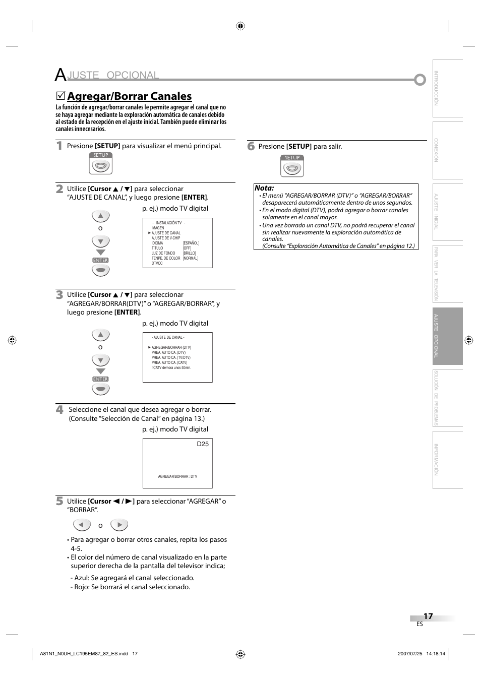 Juste opcional, Agregar/borrar canales | Emerson LC195EM87 User Manual | Page 45 / 56