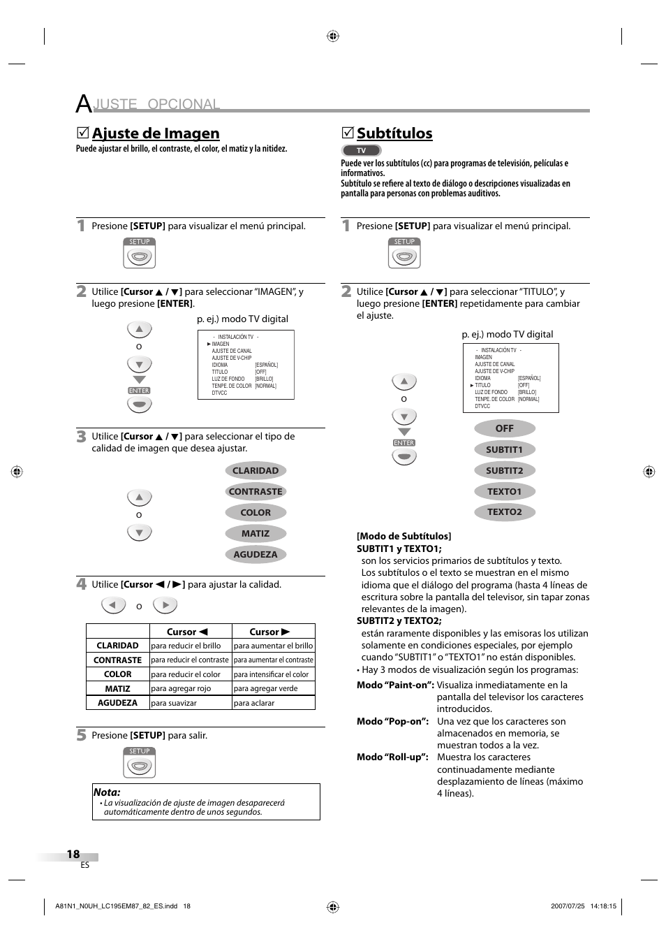 Juste opcional, Ajuste de imagen, 5subtítulos | Emerson LC195EM87 User Manual | Page 46 / 56