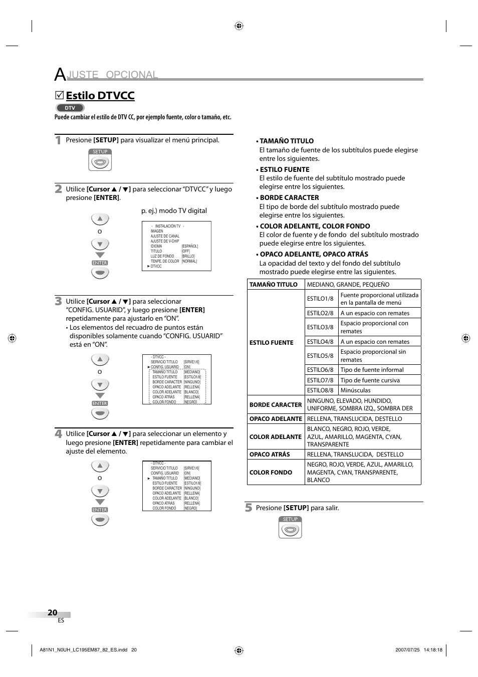 Juste opcional, Estilo dtvcc | Emerson LC195EM87 User Manual | Page 48 / 56