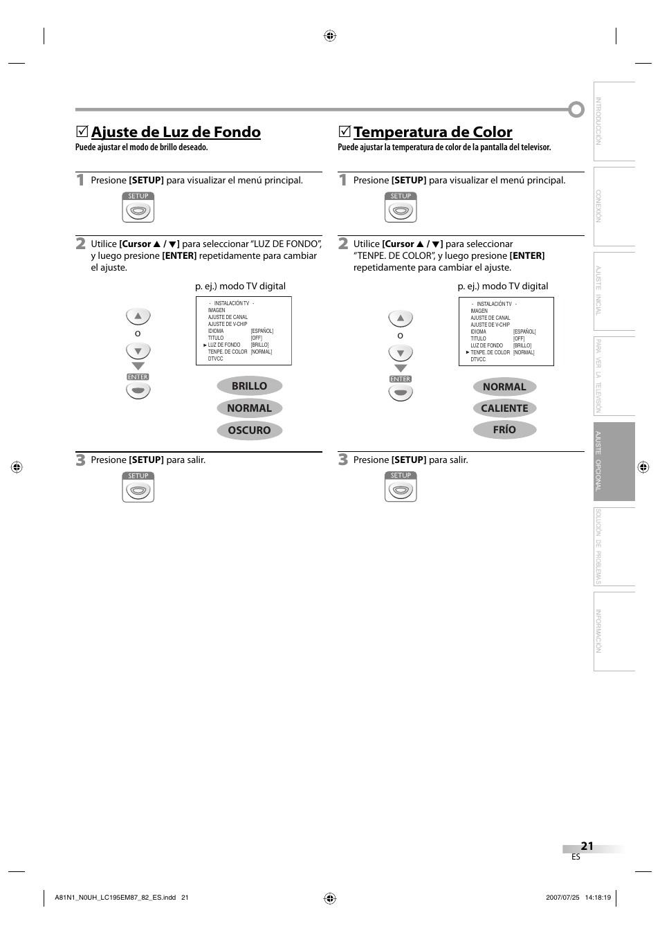 Ajuste de luz de fondo, 5temperatura de color | Emerson LC195EM87 User Manual | Page 49 / 56