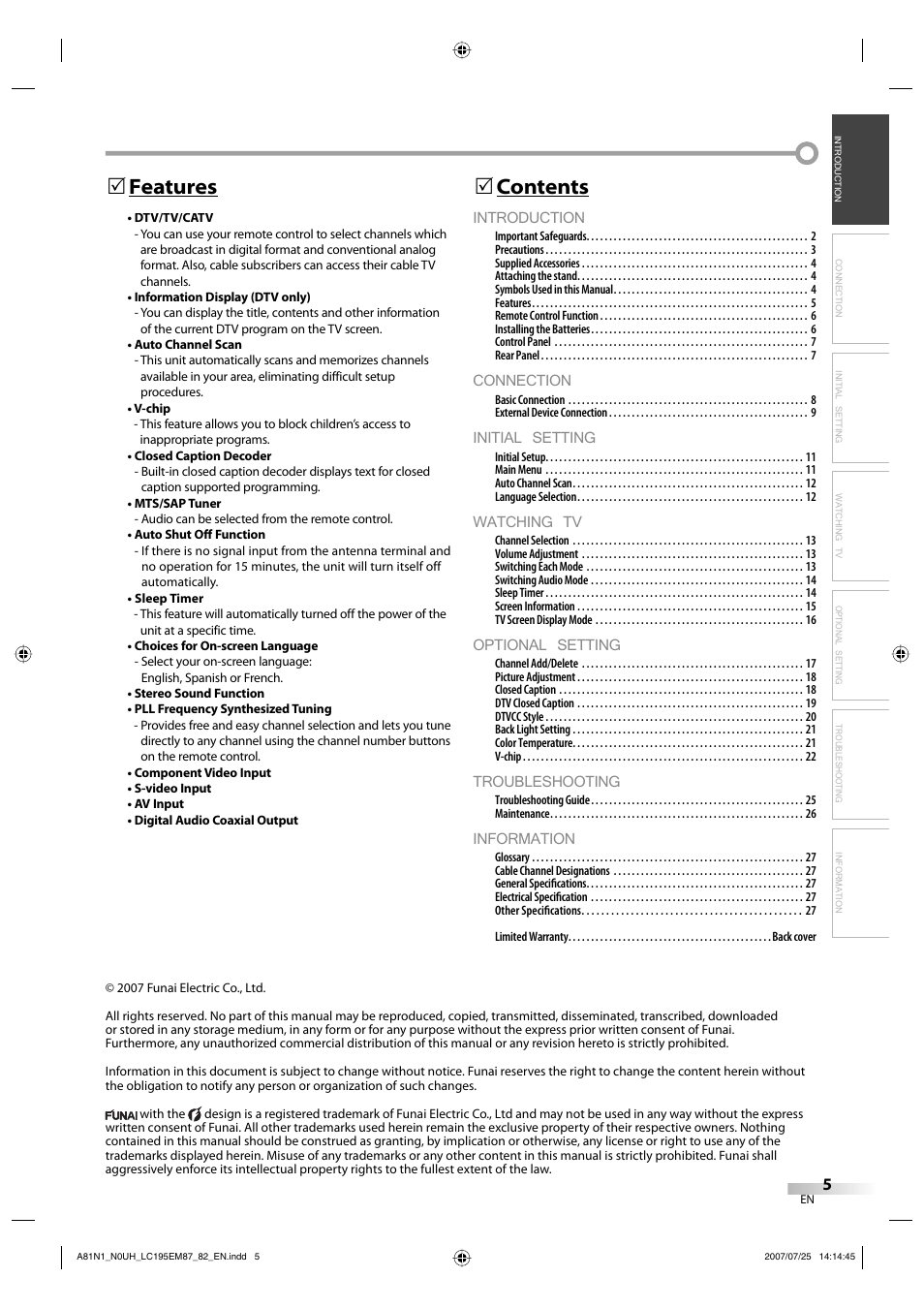 Introduction, Connection, Initial setting | Watching tv, Optional setting, Troubleshooting, Information, Contents 5, Features 5 | Emerson LC195EM87 User Manual | Page 5 / 56