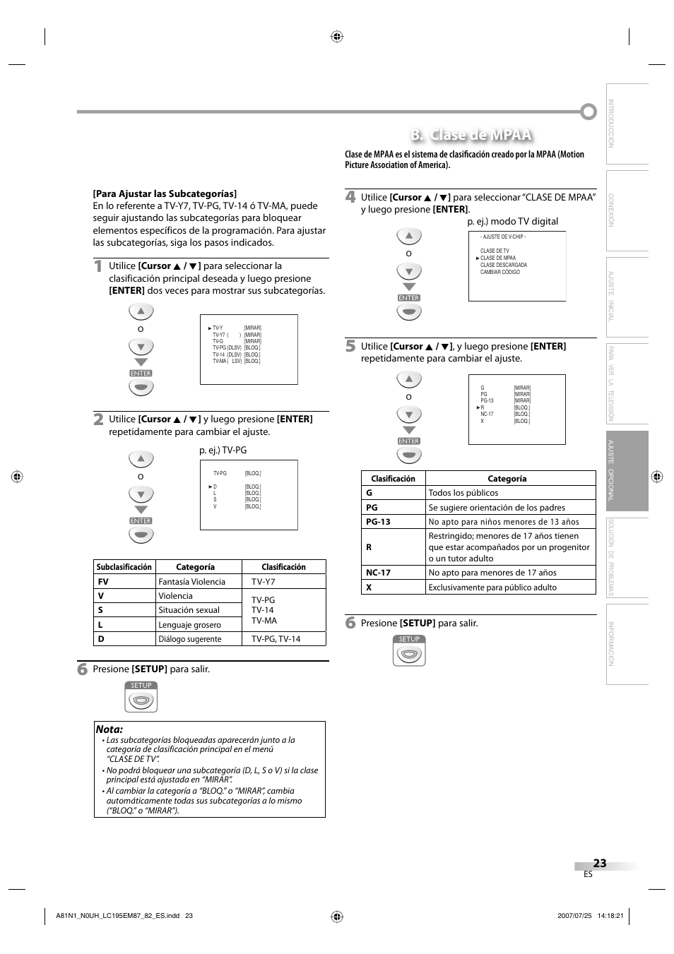 B. clase de mpaa, Nota | Emerson LC195EM87 User Manual | Page 51 / 56