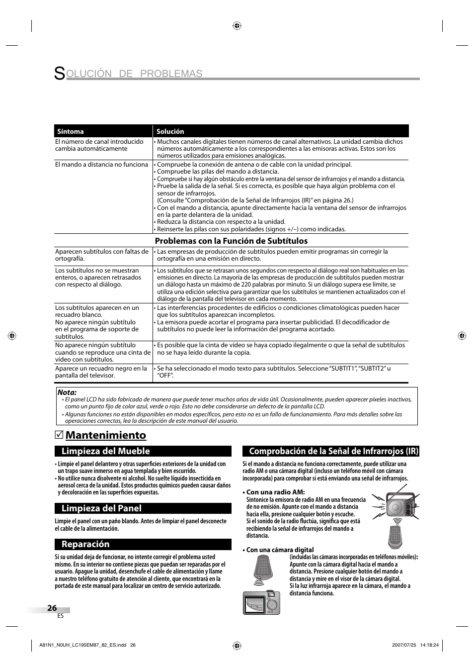 Olución de problemas, Mantenimiento 5, Limpieza del mueble | Limpieza del panel, Reparación, Comprobación de la señal de infrarrojos (ir) | Emerson LC195EM87 User Manual | Page 54 / 56