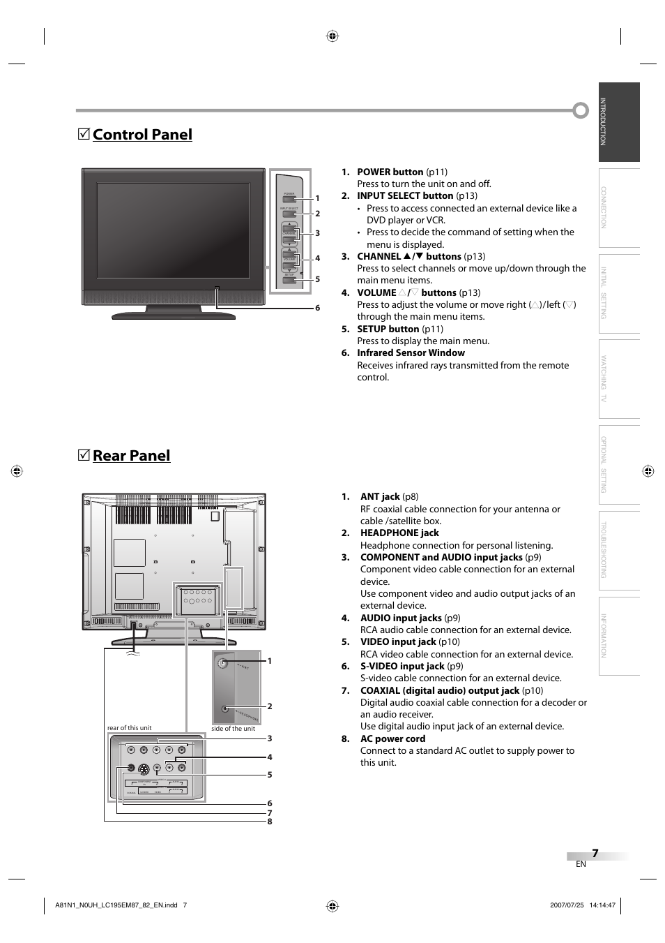 Control panel 5 rear panel 5 | Emerson LC195EM87 User Manual | Page 7 / 56