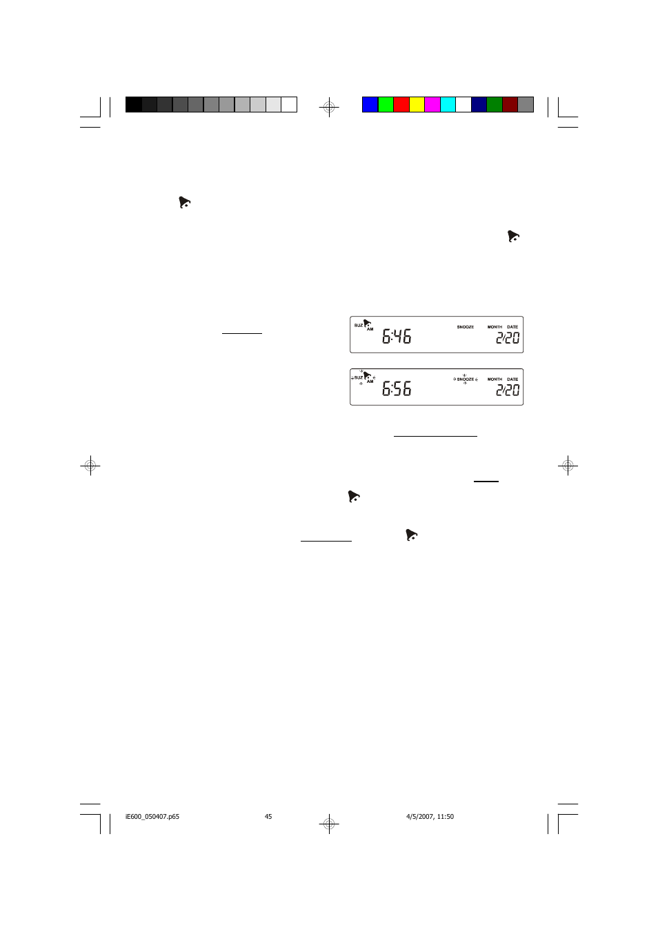 Wake-up to buzzer with auto snooze function, Snooze operation | Emerson Radio iE600BK User Manual | Page 46 / 52