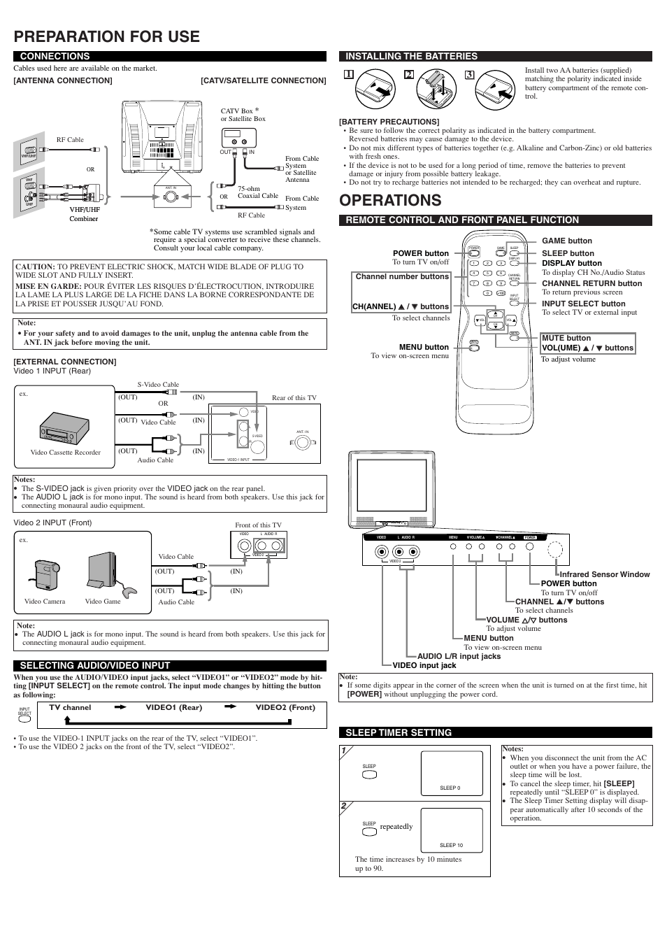 Preparation for use, Operations, Video 2 video menu volume l audio r channel power | Installing the batteries, 21 3 connections, Selecting audio/video input, Sleep timer setting, Remote control and front panel function | Emerson EWF2705 User Manual | Page 2 / 8